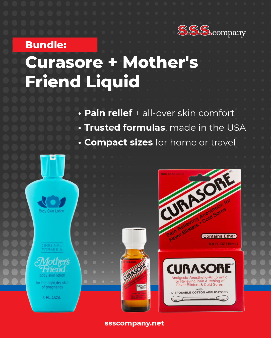 SSS skin care bundles with Curasore and Mother’s Friend Liquid